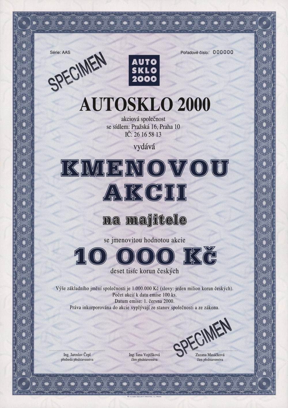 AUTOSKLO 2000 a.s., kmenová akcie na majitele na 10000 Kč, Praha 2000