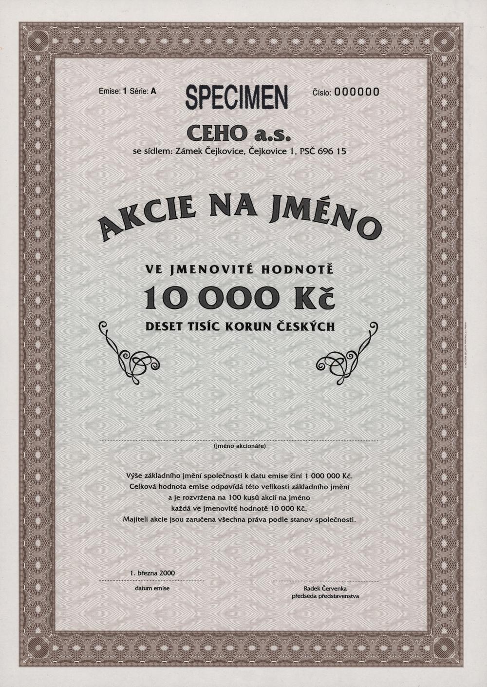 CEHO a.s., Čejkovice, Akcie na 10000 Kč, 2000