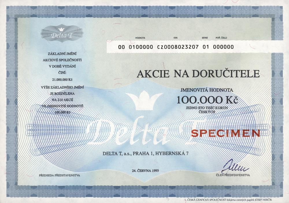 DELTA T, a.s., akcie na doručitele na 100000 Kč, Praha 1993
