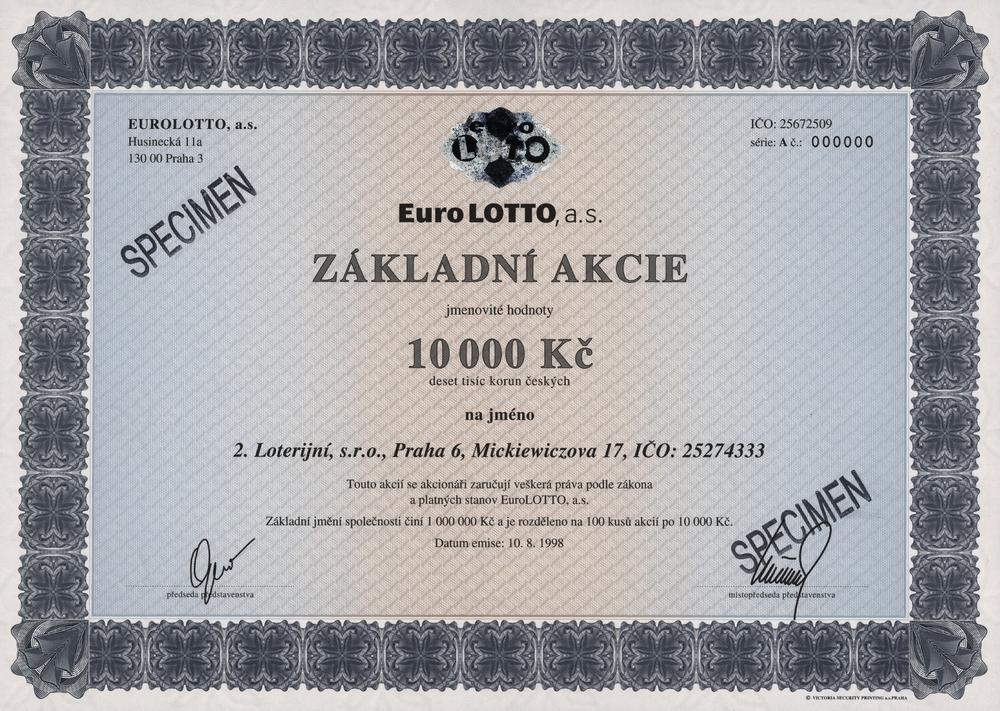 EuroLOTTO, a.s., Základní akcie na 10000 Kč, Praha 1998