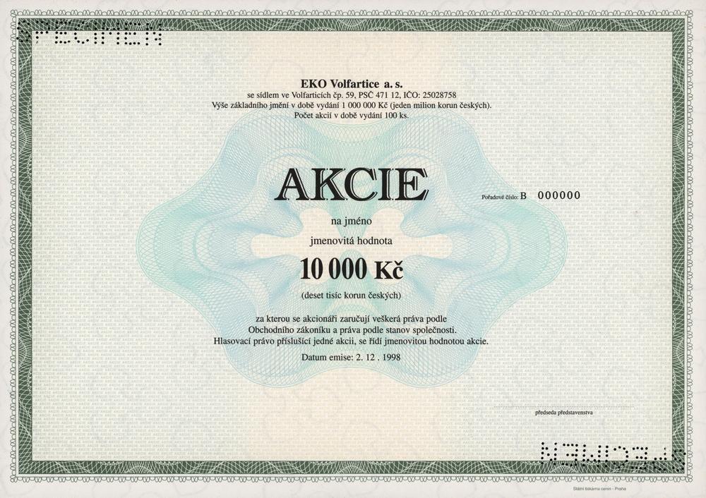 EKO Volfartice, a.s., Akcie na 10000 Kč, 1998