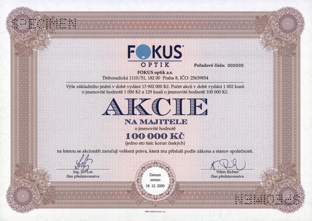 FOKUS optik a.s., Akcie na 100000 Kč, Praha 2000