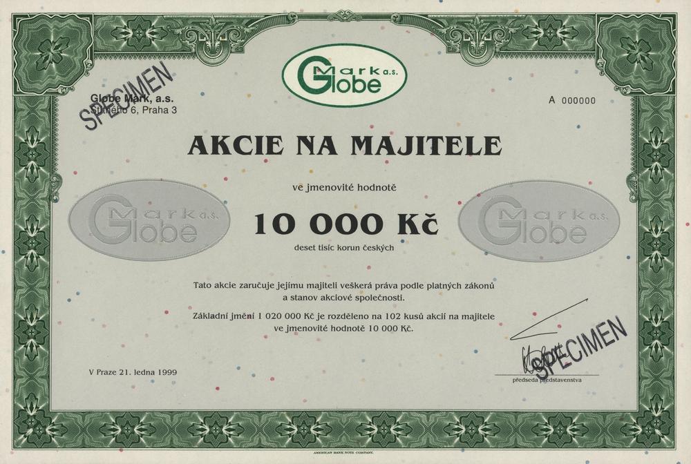 GlobeMark, a.s. Praha, Akcie na 10000 Kč, 1999