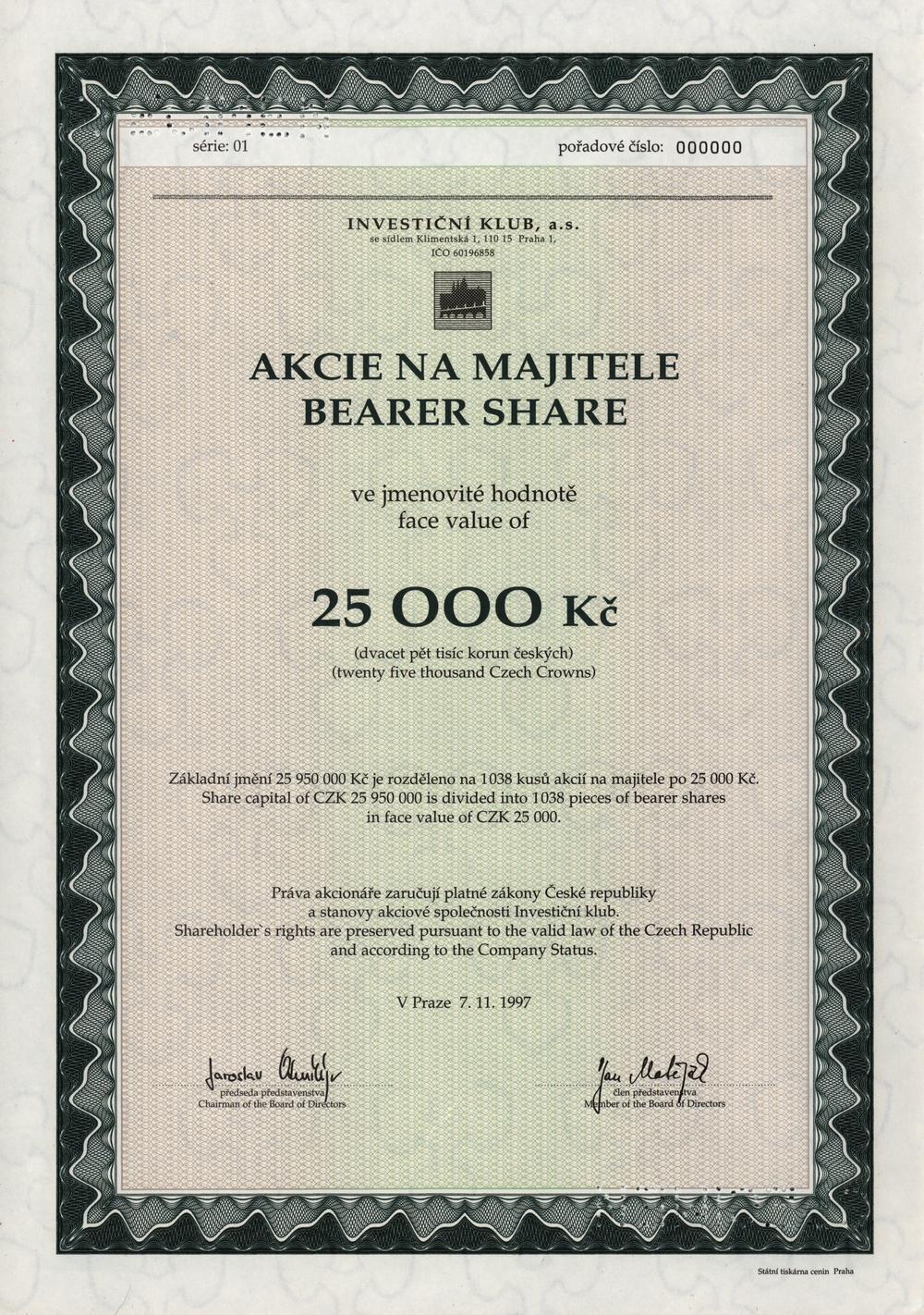 INVESTIČNÍ KLUB, a.s., Akcie na 25000 Kč, Praha 1997