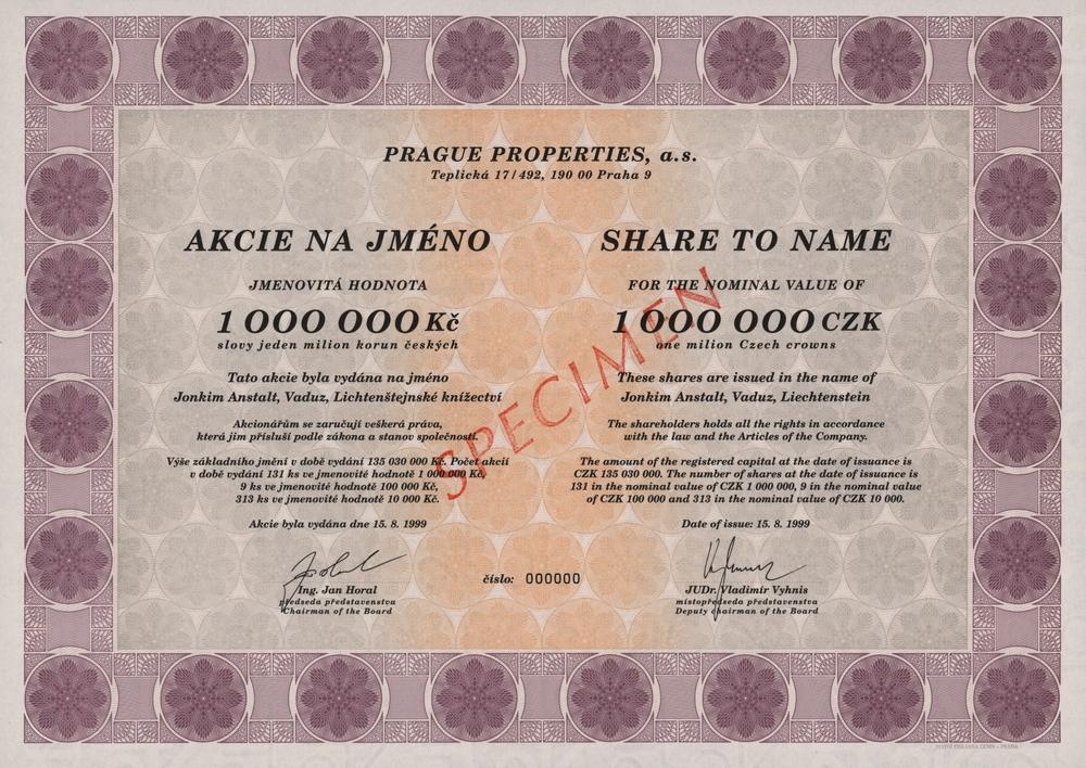PRAGUE PROPERTIES, a.s., Akcie na 1000000 Kč, Praha 1999