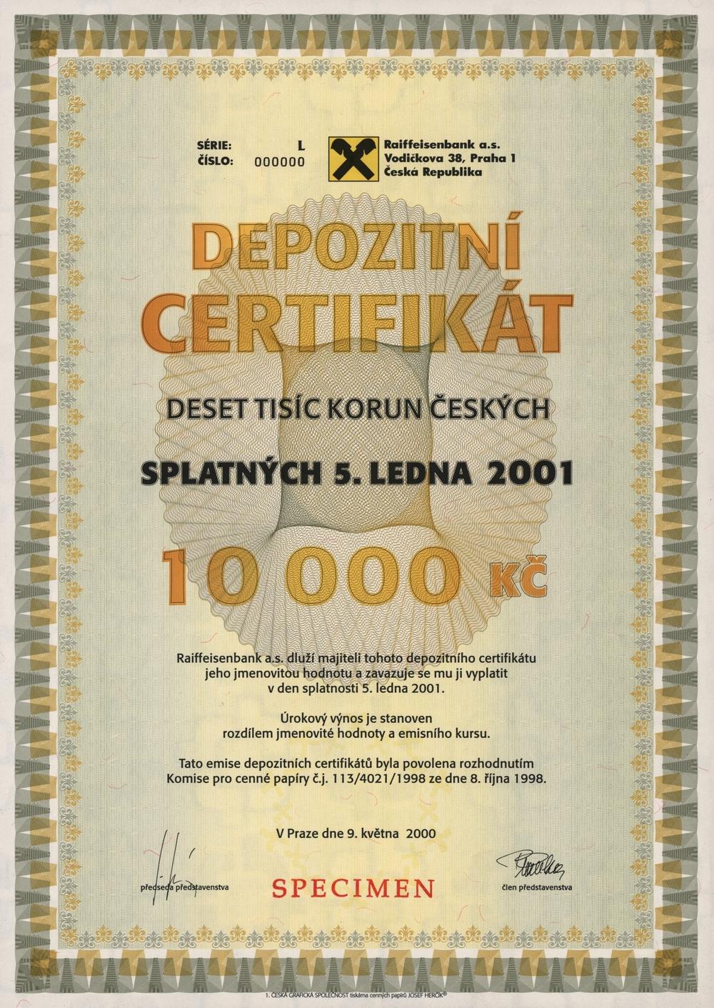 Raiffeisenbank a.s., Depozitní certifikát na 10000 Kč, Praha 2000
